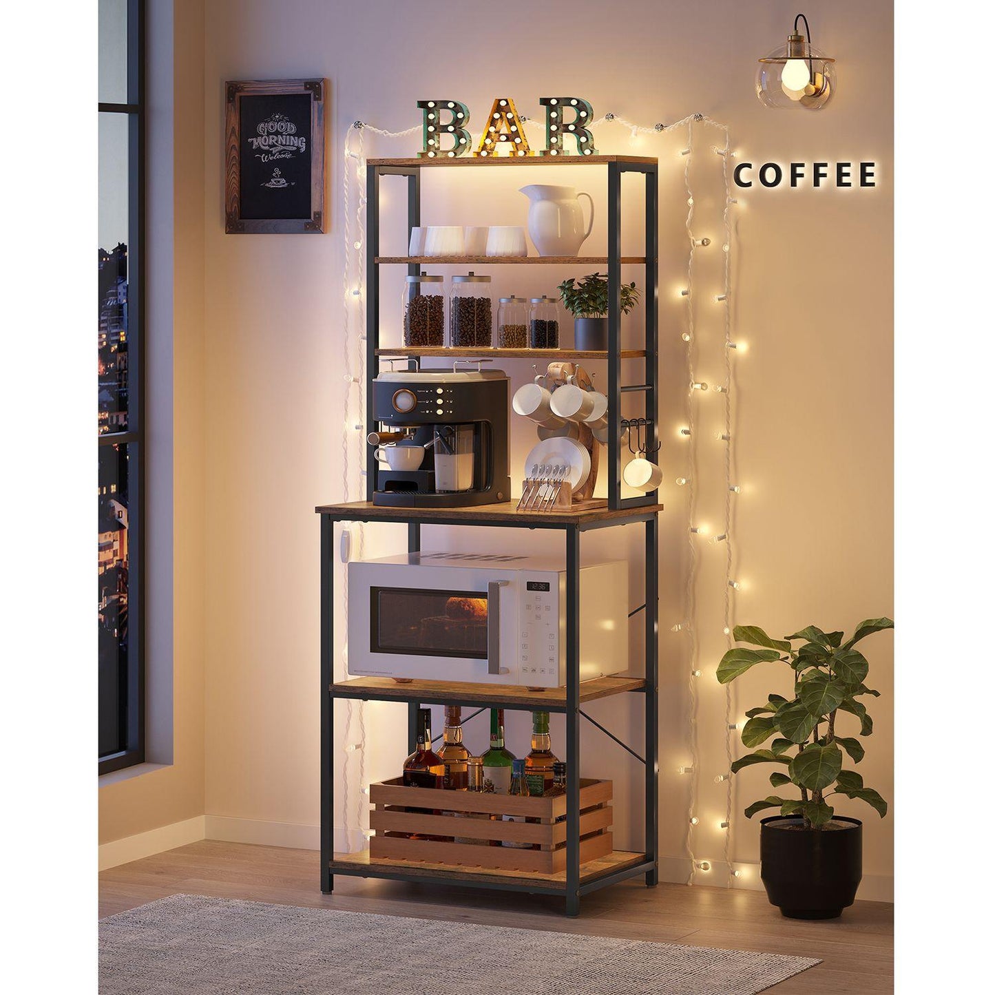 Baker's Rack with Shelves & Hooks 65" Rustic Brown FredCo