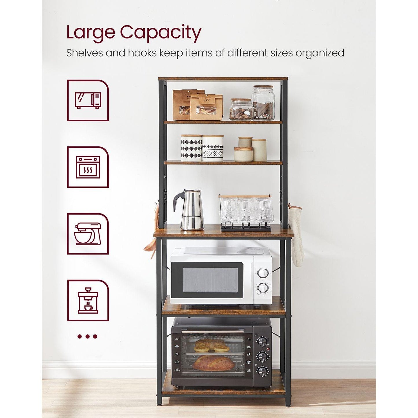 Baker's Rack with Shelves & Hooks 65" Rustic Brown FredCo