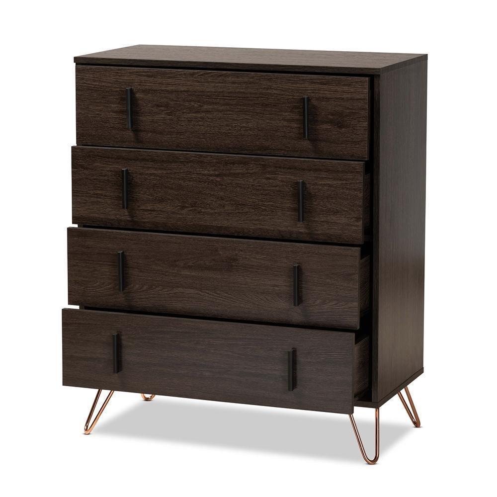 Baldor Modern and Contemporary Dark Brown Finished Wood and Rose Gold Finished Metal 4-Drawer Bedroom Chest FredCo