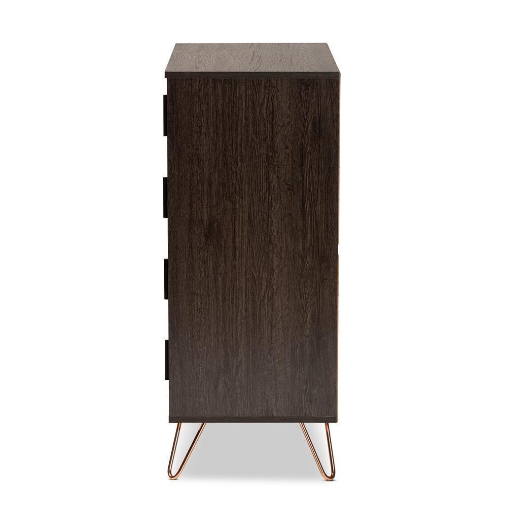 Baldor Modern and Contemporary Dark Brown Finished Wood and Rose Gold Finished Metal 4-Drawer Bedroom Chest FredCo