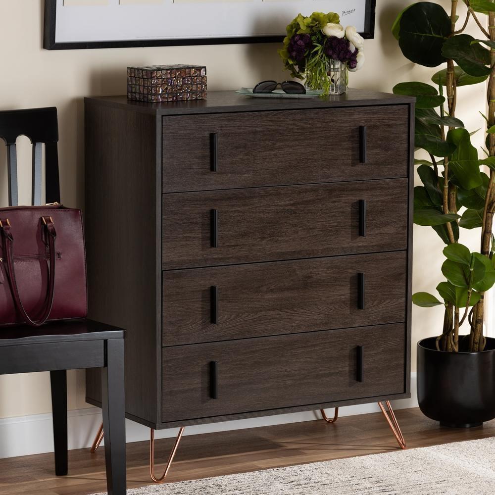 Baldor Modern and Contemporary Dark Brown Finished Wood and Rose Gold Finished Metal 4-Drawer Bedroom Chest FredCo