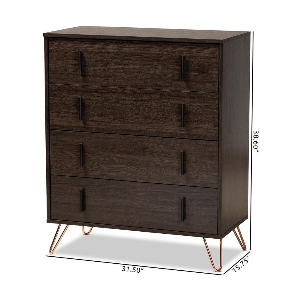 Baldor Modern and Contemporary Dark Brown Finished Wood and Rose Gold Finished Metal 4-Drawer Bedroom Chest FredCo