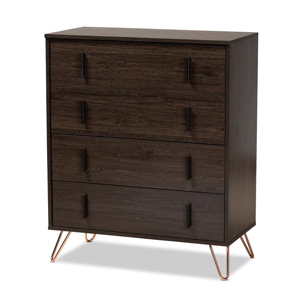 Baldor Modern and Contemporary Dark Brown Finished Wood and Rose Gold Finished Metal 4-Drawer Bedroom Chest FredCo