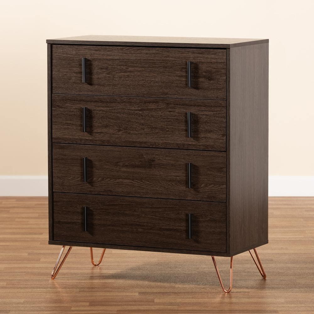 Baldor Modern and Contemporary Dark Brown Finished Wood and Rose Gold Finished Metal 4-Drawer Bedroom Chest FredCo