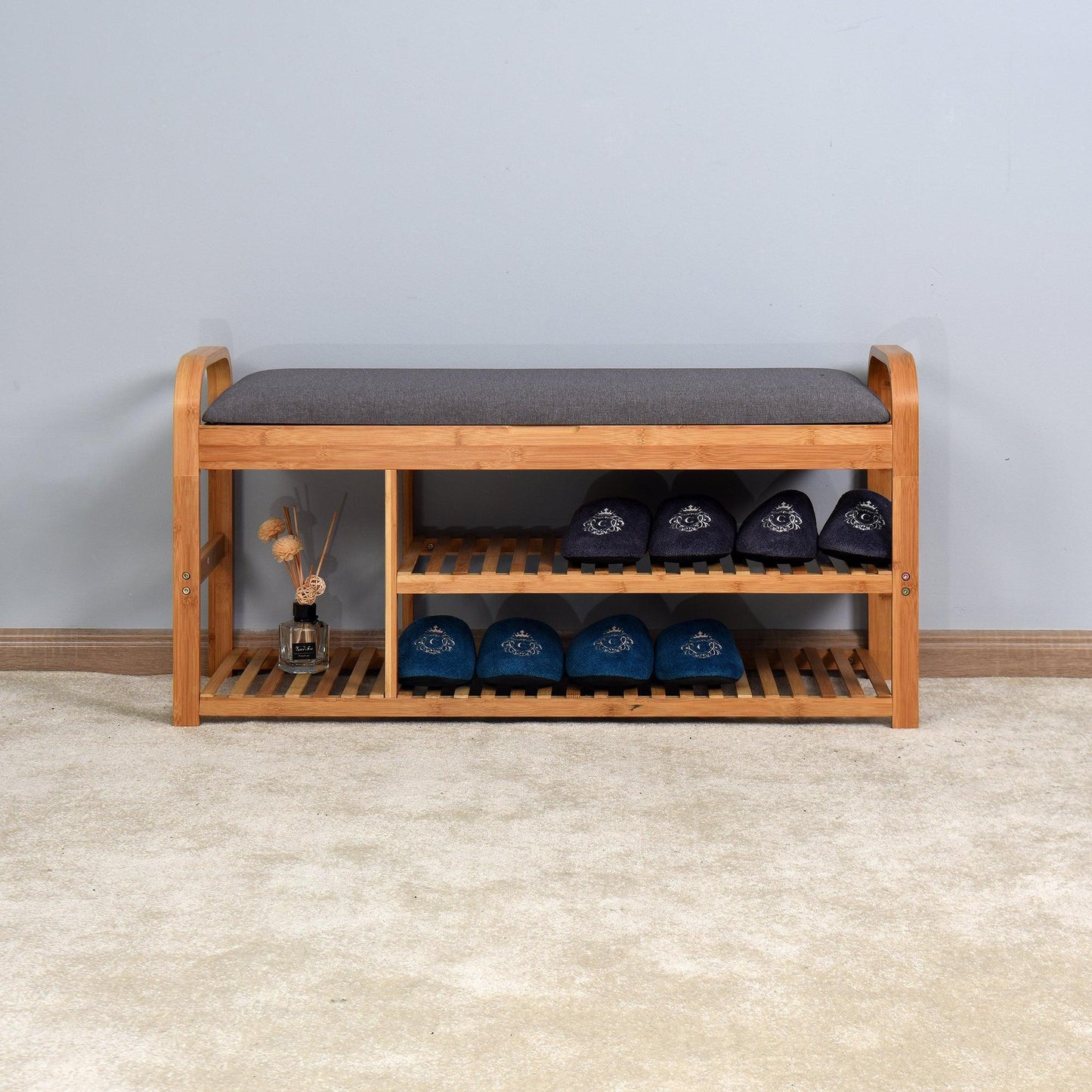 Bamboo Storage Bench,Entryway 3 Shelves Bench with FredCo