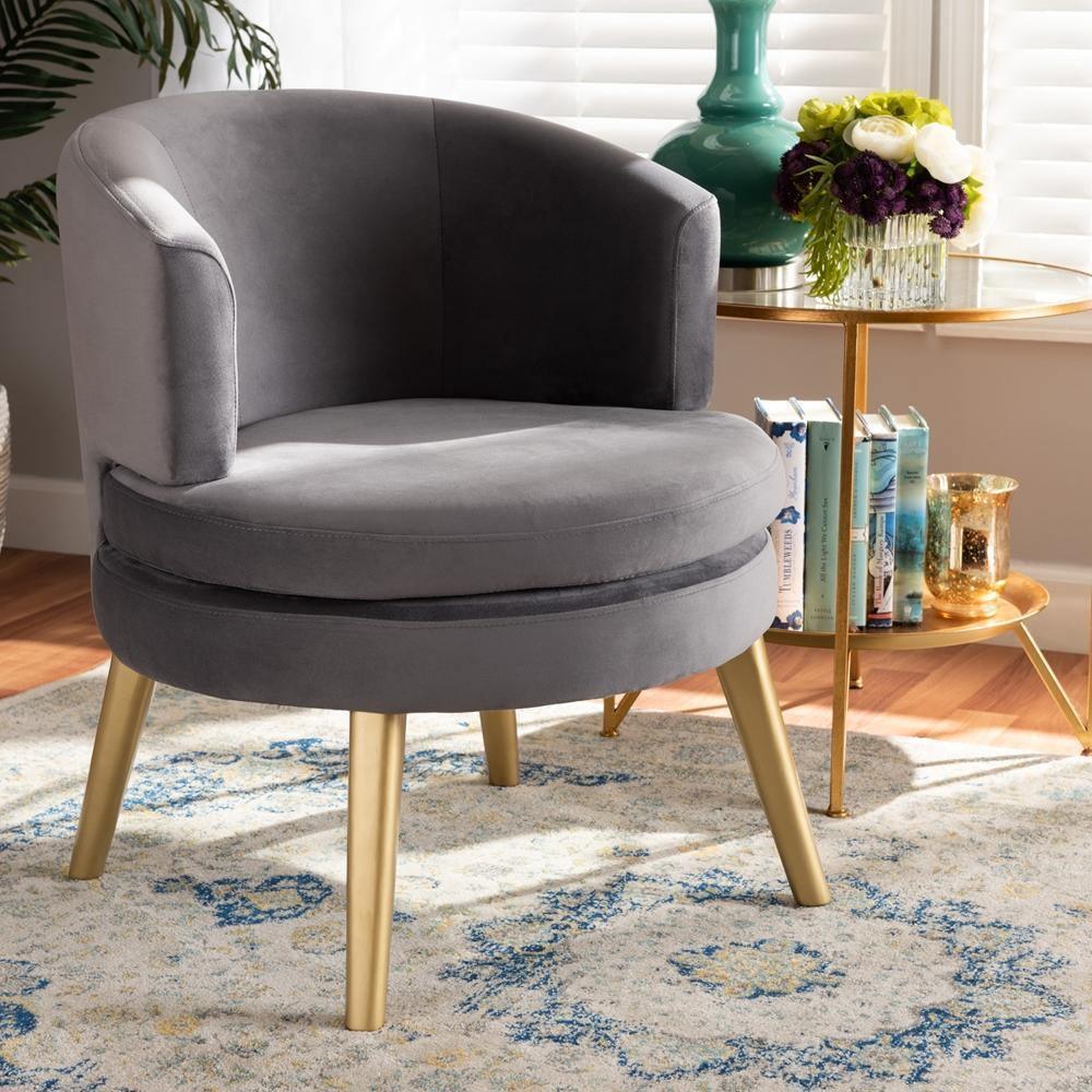 Baptiste Glam and Luxe Grey Velvet Fabric Upholstered and Gold Finished Wood Accent Chair FredCo