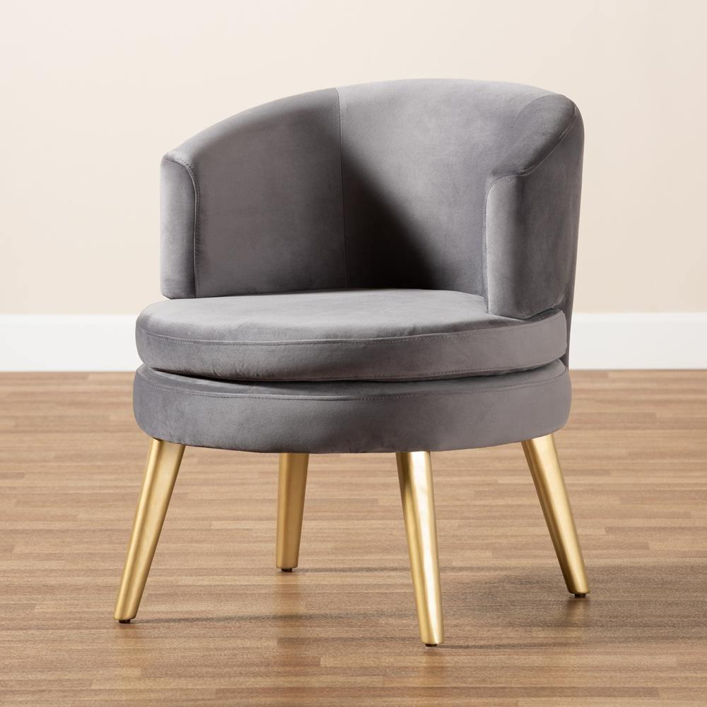 Baptiste Glam and Luxe Grey Velvet Fabric Upholstered and Gold Finished Wood Accent Chair FredCo