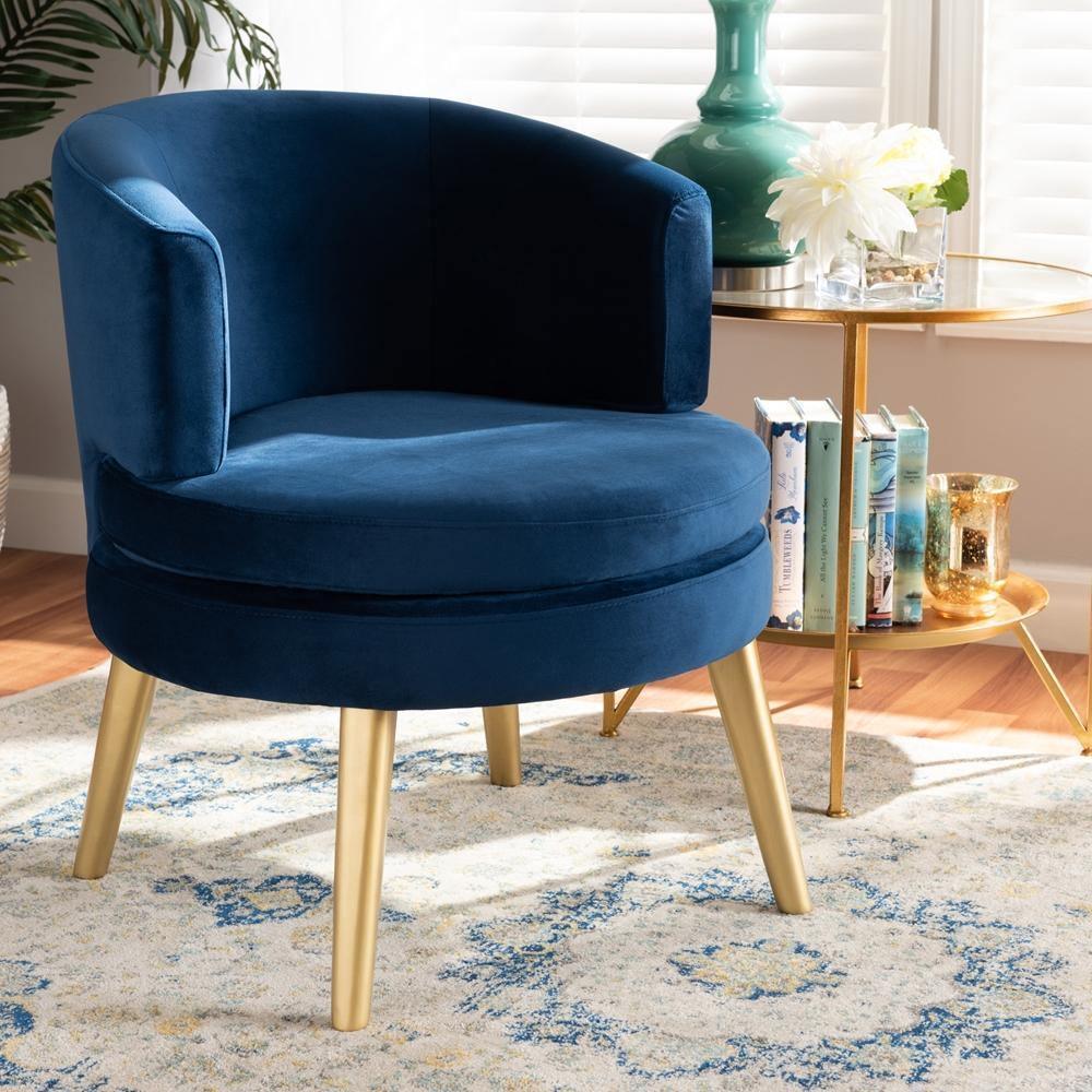 Baptiste Glam and Luxe Navy Blue Velvet Fabric Upholstered and Gold Finished Wood Accent Chair FredCo