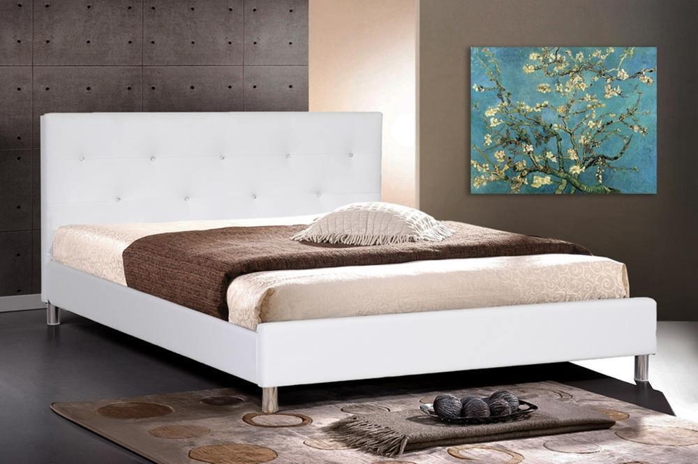 Barbara White Modern Bed with Crystal Button Tufting - Queen Size FredCo