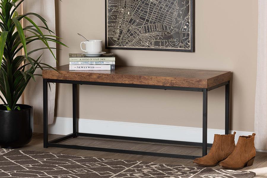 Bardot Modern Industrial Walnut Brown Finished Wood and Black Metal Accent Bench FredCo