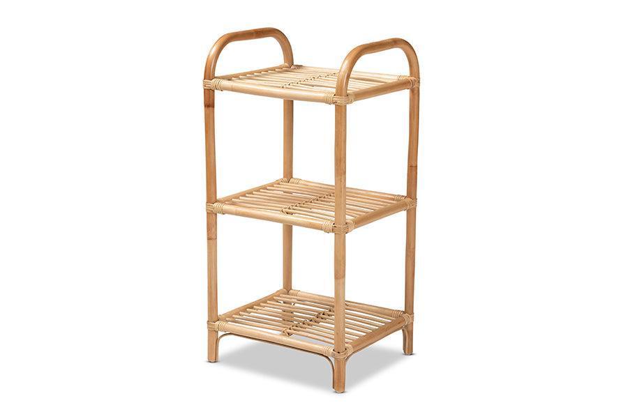Barras Modern Bohemian Natural Brown Finished Rattan 3-Tier Display Shelf FredCo