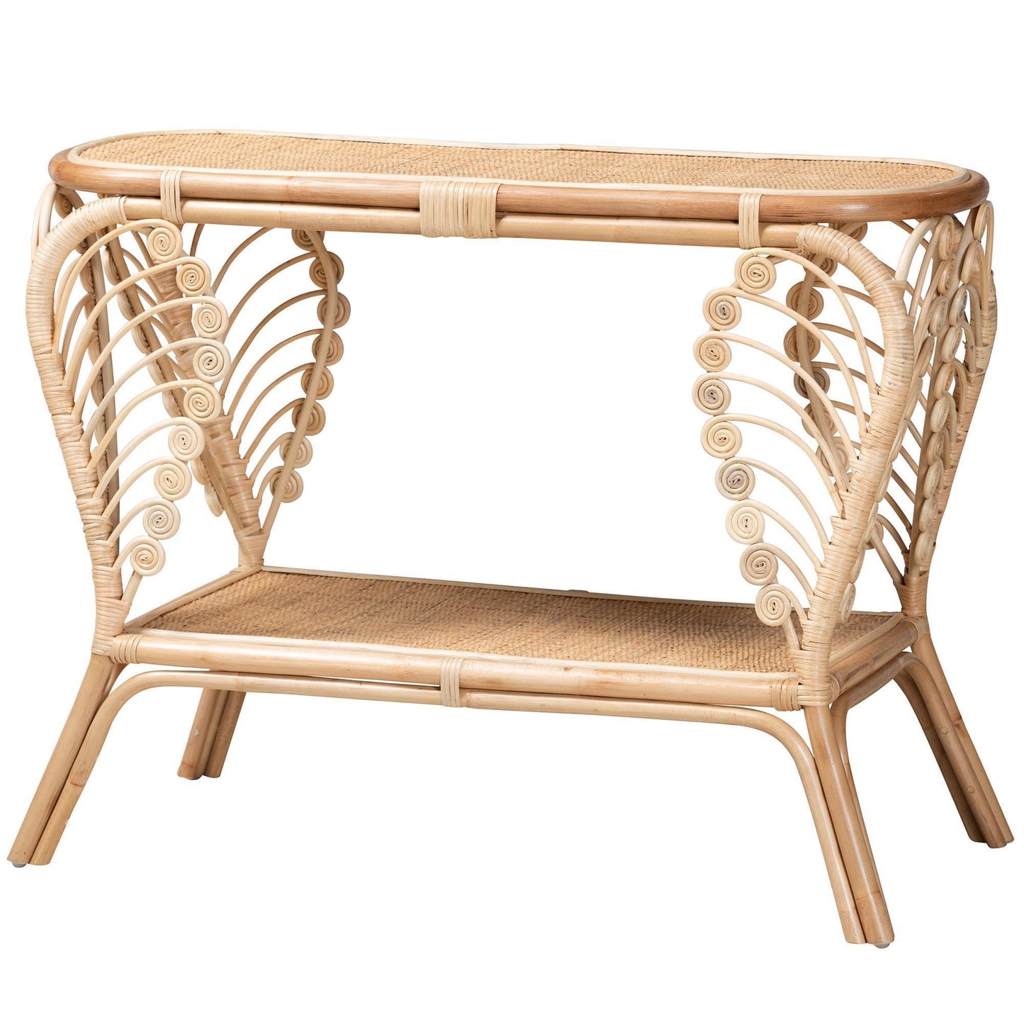 Bastet Modern Bohemian Natural Brown Rattan 2-Tier Console Table FredCo