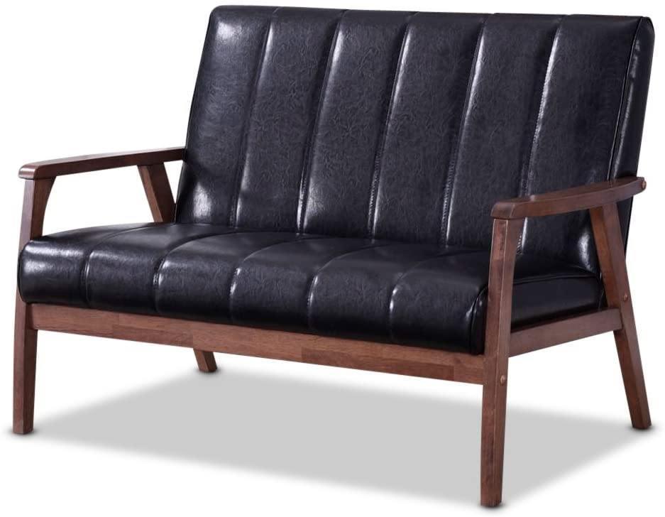 Baxton Furniture Studios Nikko Mid-Century Modern Scandinavian Style Faux Leather Wooden 2 Seater Loveseat, Black FredCo