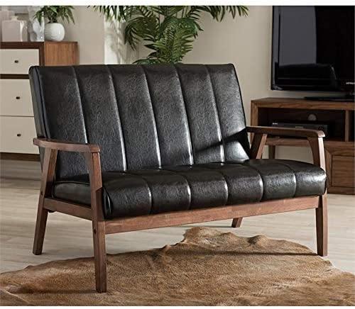 Baxton Furniture Studios Nikko Mid-Century Modern Scandinavian Style Faux Leather Wooden 2 Seater Loveseat, Black FredCo