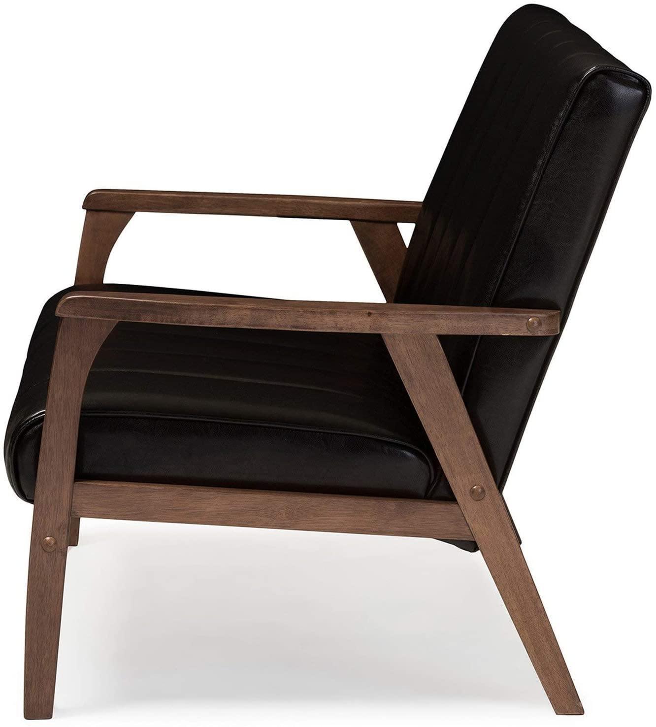 Baxton Furniture Studios Nikko Mid-Century Modern Scandinavian Style Faux Leather Wooden 2 Seater Loveseat, Black FredCo