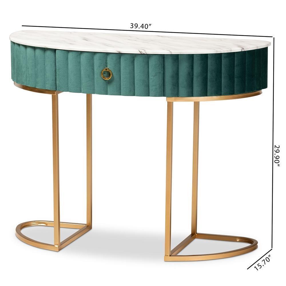 Beale Luxe and Glam Green Velvet Upholstered and Brushed Gold Finished 1-Drawer Console Table with Faux Marble Tabletop FredCo