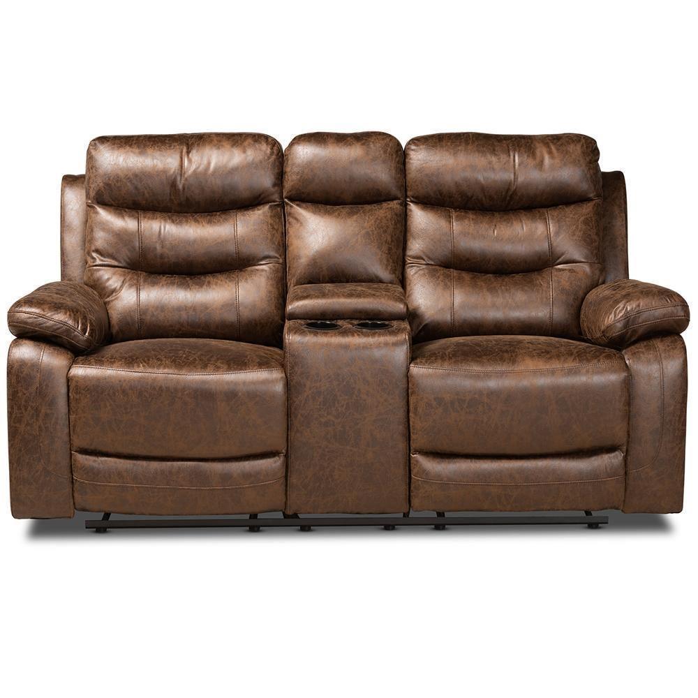 Beasely Modern and Contemporary Distressed Brown Faux Leather Upholstered 2-Seater Reclining Loveseat FredCo