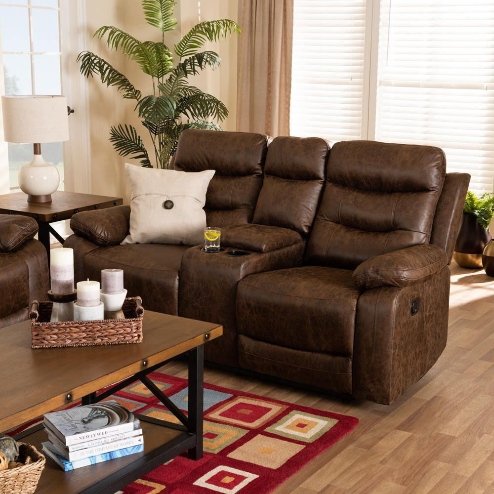 Beasely Modern and Contemporary Distressed Brown Faux Leather Upholstered 2-Seater Reclining Loveseat FredCo