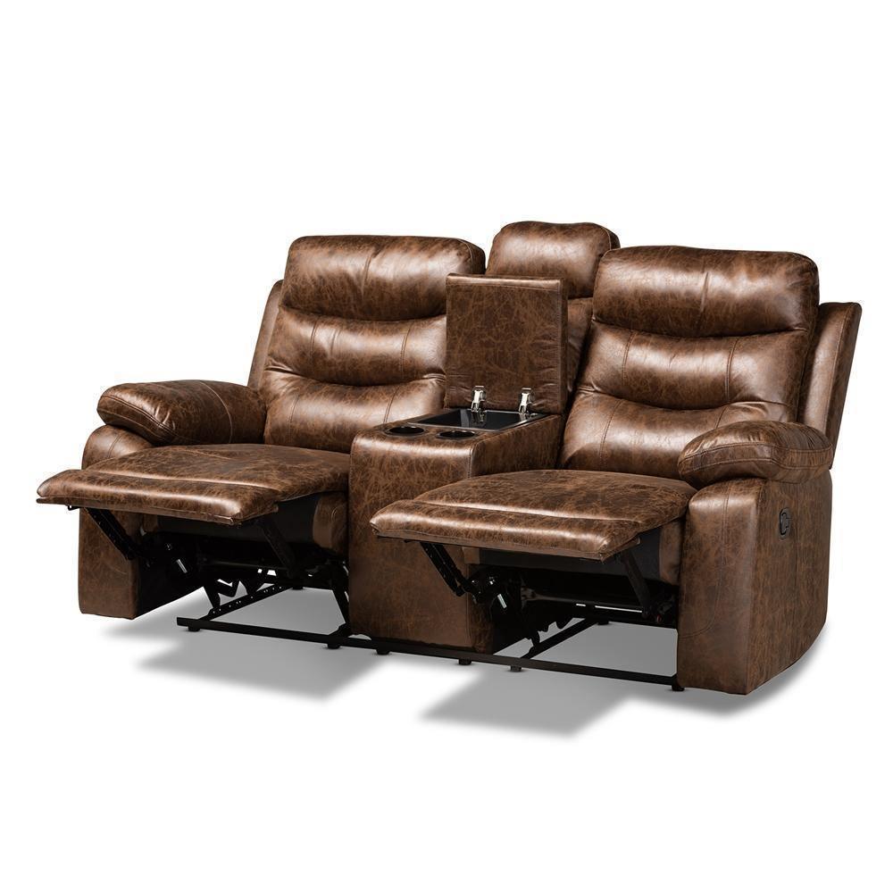 Beasely Modern and Contemporary Distressed Brown Faux Leather Upholstered 2-Seater Reclining Loveseat FredCo