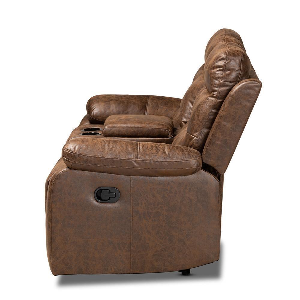 Beasely Modern and Contemporary Distressed Brown Faux Leather Upholstered 2-Seater Reclining Loveseat FredCo