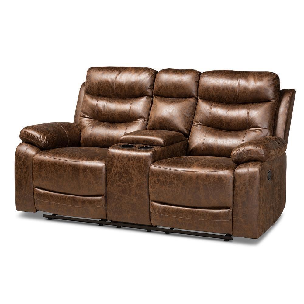 Beasely Modern and Contemporary Distressed Brown Faux Leather Upholstered 2-Seater Reclining Loveseat FredCo