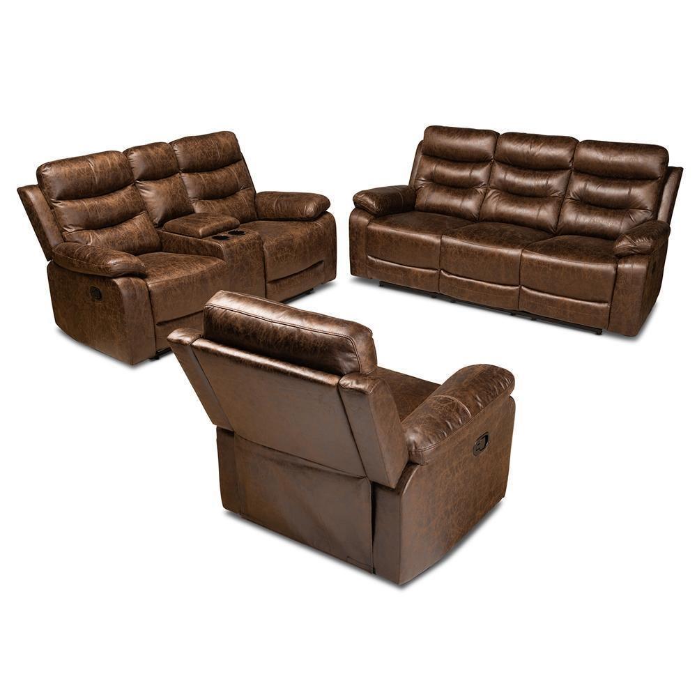 Beasely Modern and Contemporary Distressed Brown Faux Leather Upholstered 3-Piece Living Room Set FredCo