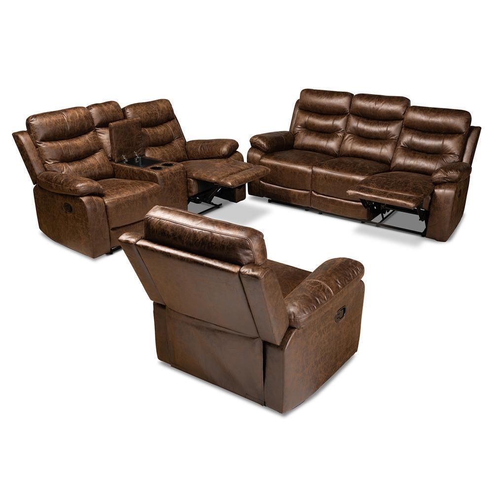 Beasely Modern and Contemporary Distressed Brown Faux Leather Upholstered 3-Piece Living Room Set FredCo