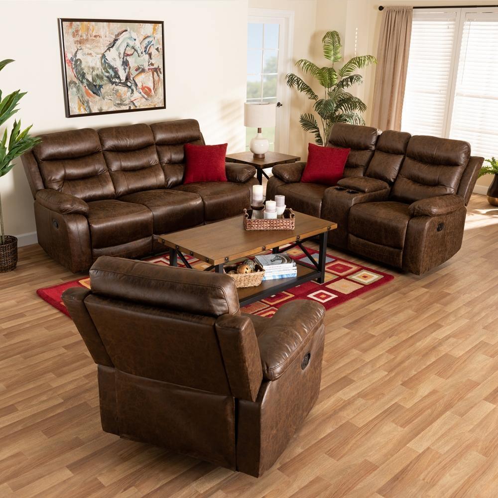 Beasely Modern and Contemporary Distressed Brown Faux Leather Upholstered 3-Piece Living Room Set FredCo
