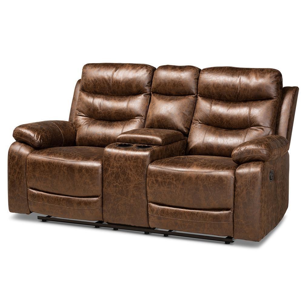 Beasely Modern and Contemporary Distressed Brown Faux Leather Upholstered 3-Piece Living Room Set FredCo