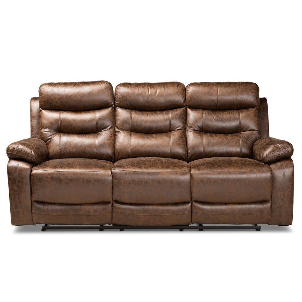 Beasely Modern and Contemporary Distressed Brown Faux Leather Upholstered 3-Seater Reclining Sofa FredCo