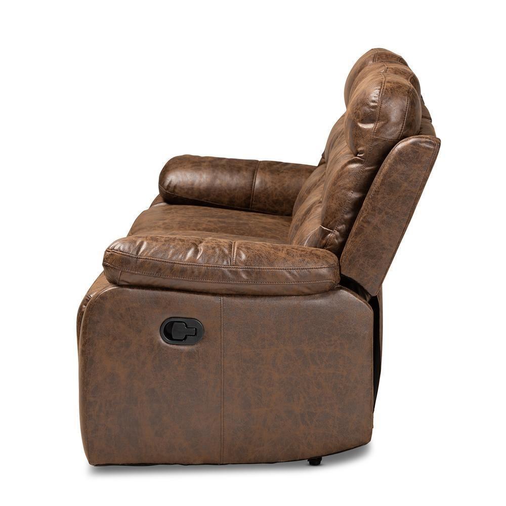 Beasely Modern and Contemporary Distressed Brown Faux Leather Upholstered 3-Seater Reclining Sofa FredCo