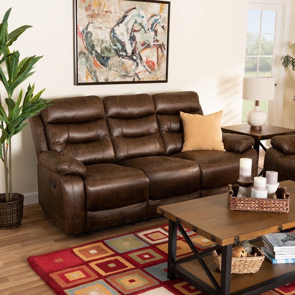Beasely Modern and Contemporary Distressed Brown Faux Leather Upholstered 3-Seater Reclining Sofa FredCo