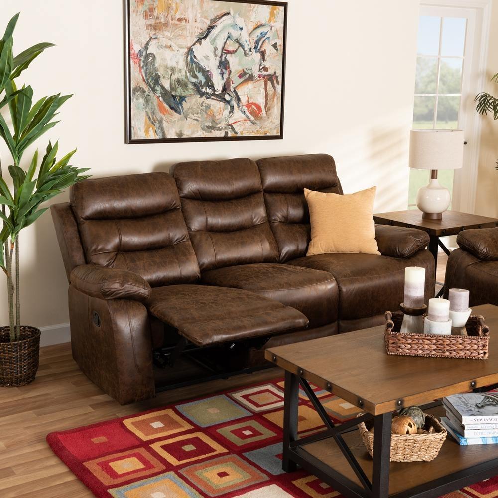 Beasely Modern and Contemporary Distressed Brown Faux Leather Upholstered 3-Seater Reclining Sofa FredCo