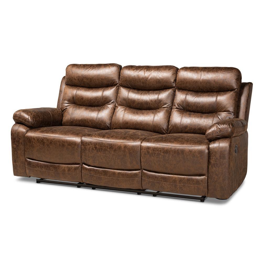 Beasely Modern and Contemporary Distressed Brown Faux Leather Upholstered 3-Seater Reclining Sofa FredCo