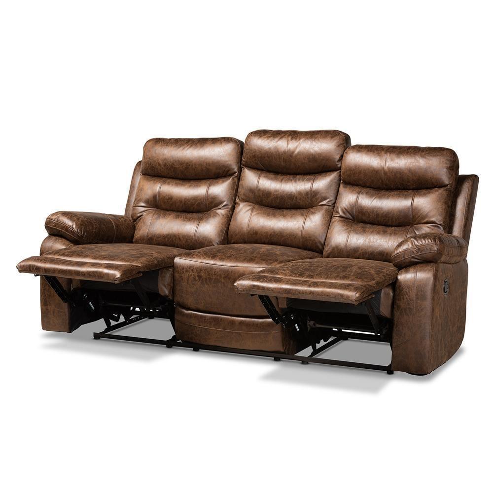 Beasely Modern and Contemporary Distressed Brown Faux Leather Upholstered 3-Seater Reclining Sofa FredCo