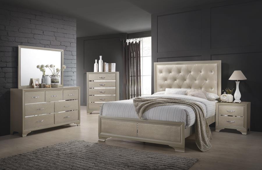 Beaumont Bedroom Set Metallic Champagne Coaster Queen, 4 Piece FredCo