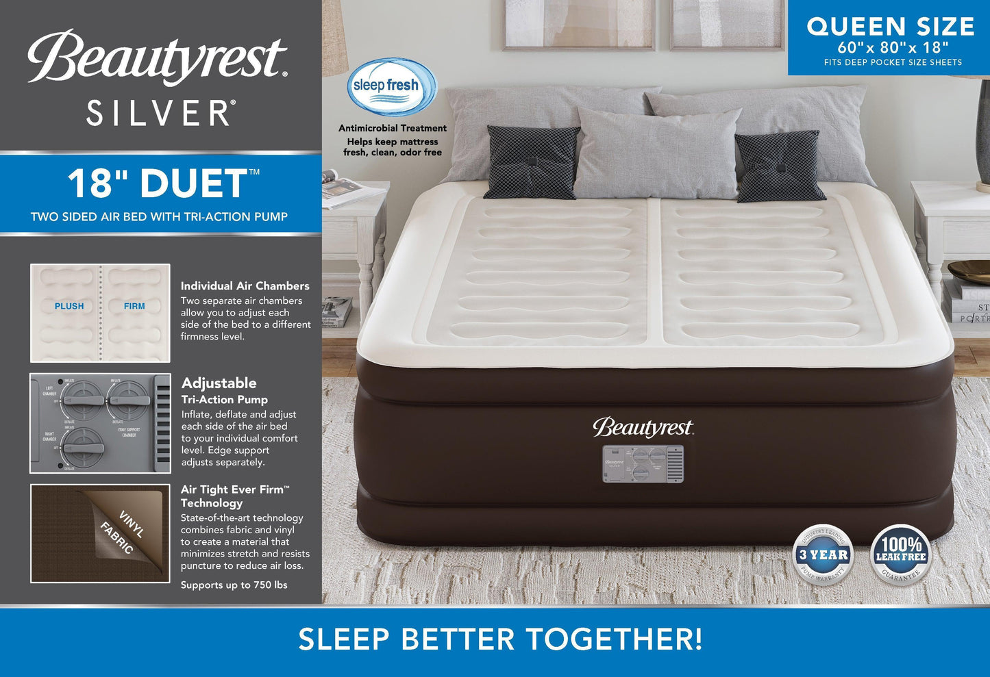 Beautyrest Silver Duet 18-inch Queen Air Mattress with 3 Adjustable Chambers AMZDT18QN FredCo