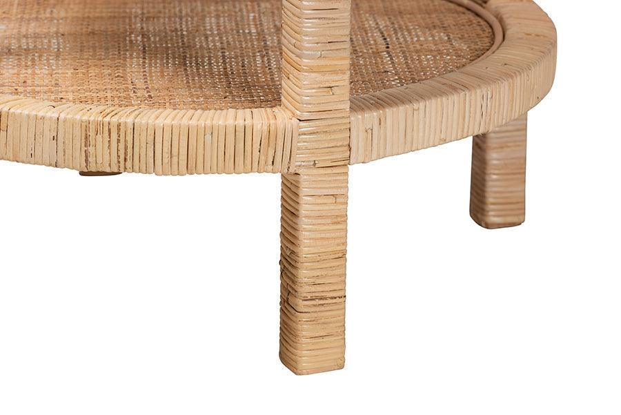 Bella Modern Bohemian Natural Brown Mahogany Wood and Natural Rattan 2-Tier End Table FredCo