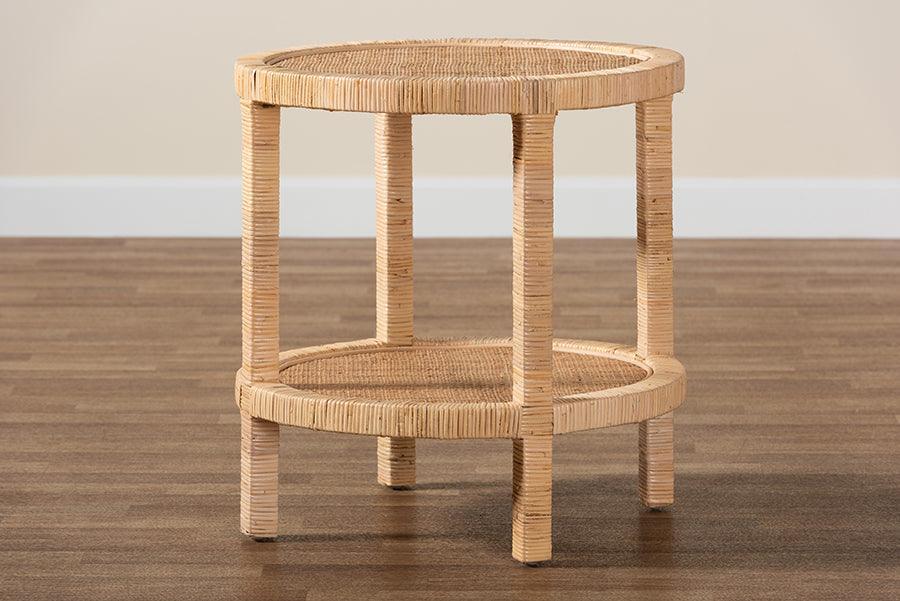 Bella Modern Bohemian Natural Brown Mahogany Wood and Natural Rattan 2-Tier End Table FredCo