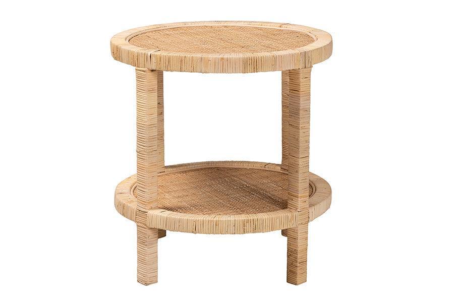 Bella Modern Bohemian Natural Brown Mahogany Wood and Natural Rattan 2-Tier End Table FredCo
