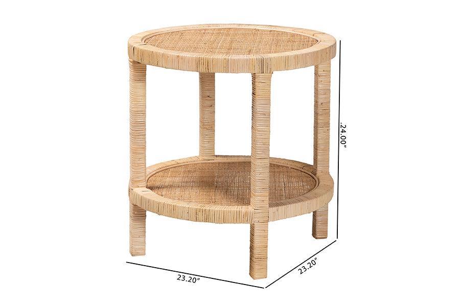 Bella Modern Bohemian Natural Brown Mahogany Wood and Natural Rattan 2-Tier End Table FredCo