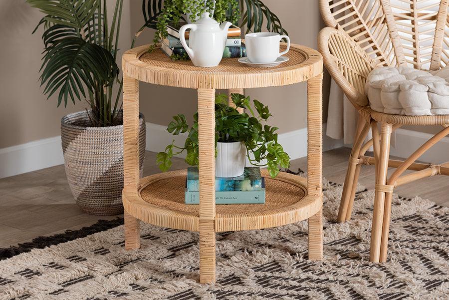 Bella Modern Bohemian Natural Brown Mahogany Wood and Natural Rattan 2-Tier End Table FredCo