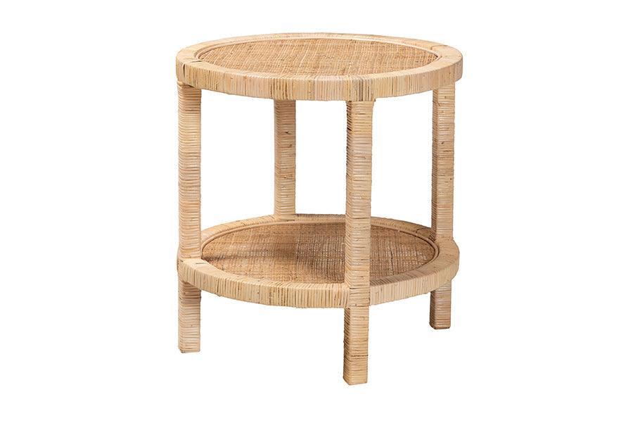 Bella Modern Bohemian Natural Brown Mahogany Wood and Natural Rattan 2-Tier End Table FredCo