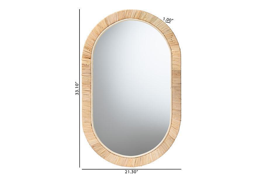 Bella Modern Bohemian Natural Brown Mahognay Wood and Natural Rattan Oval Mirror FredCo