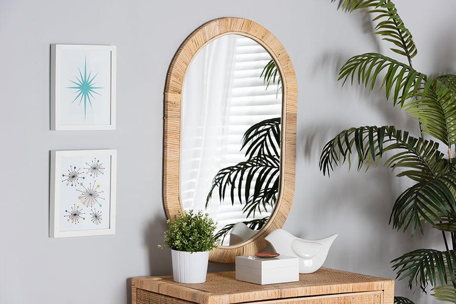 Bella Modern Bohemian Natural Brown Mahognay Wood and Natural Rattan Oval Mirror FredCo