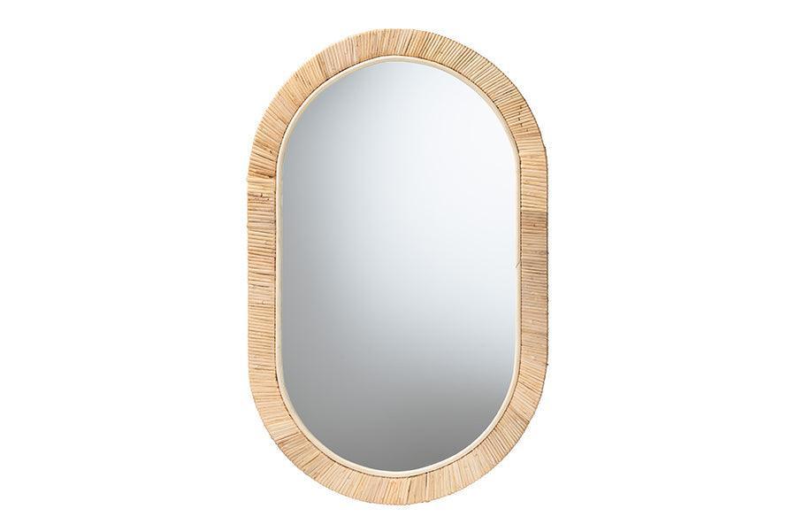 Bella Modern Bohemian Natural Brown Mahognay Wood and Natural Rattan Oval Mirror FredCo