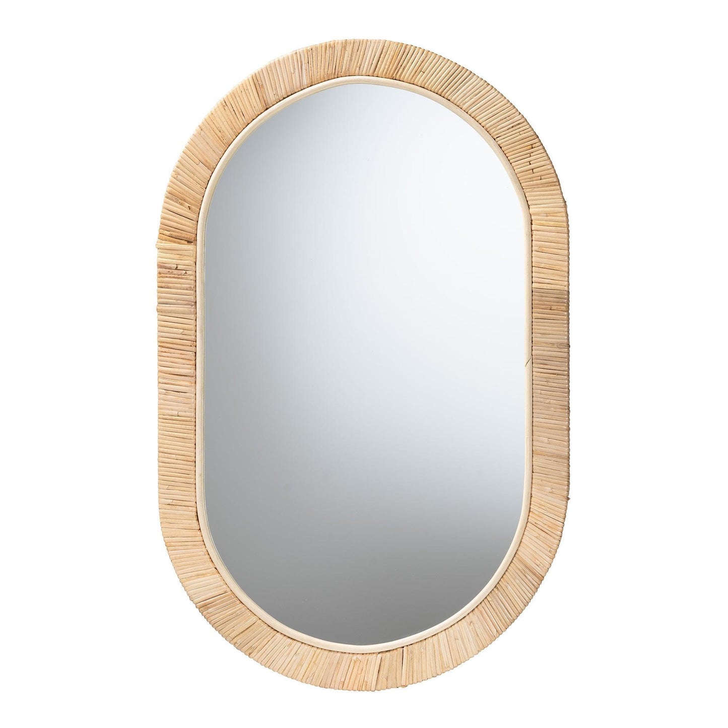Bella Modern Bohemian Natural Brown Mahognay Wood and Natural Rattan Oval Mirror FredCo