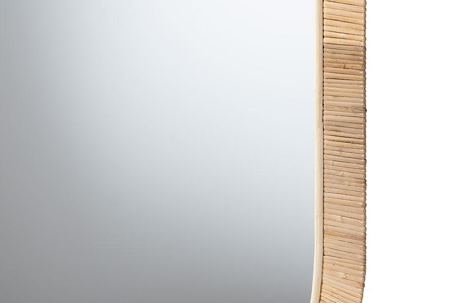 Bella Modern Bohemian Natural Brown Mahognay Wood and Natural Rattan Oval Mirror FredCo