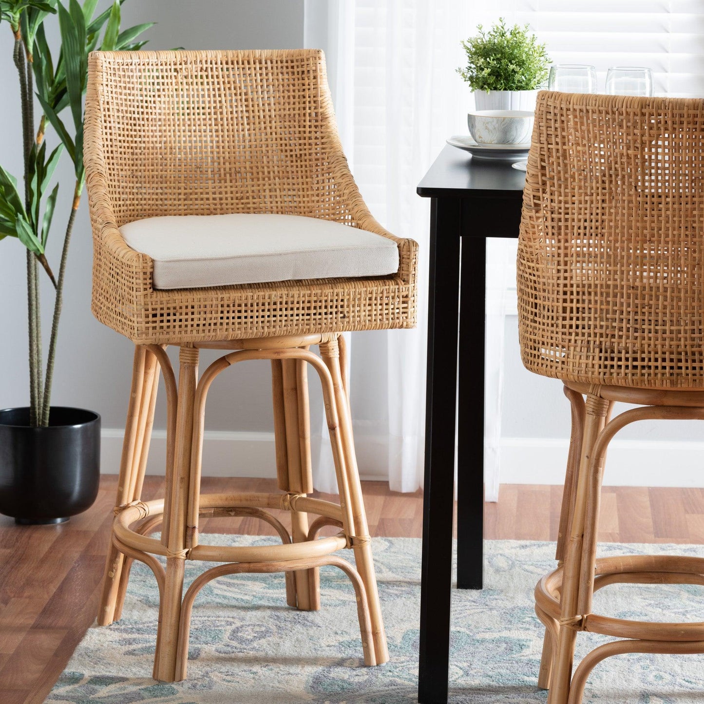 Bella Modern Bohemian Natural Brown Rattan Bar Stool FredCo