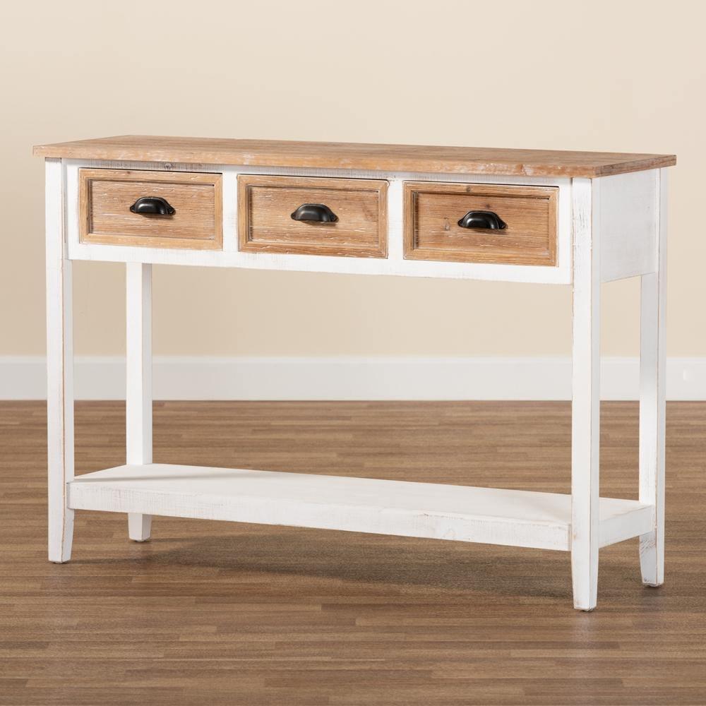 Benedict Traditional Farmhouse and Rustic Two-Tone White and Oak Brown Finished Wood 3-Drawer Console Table FredCo